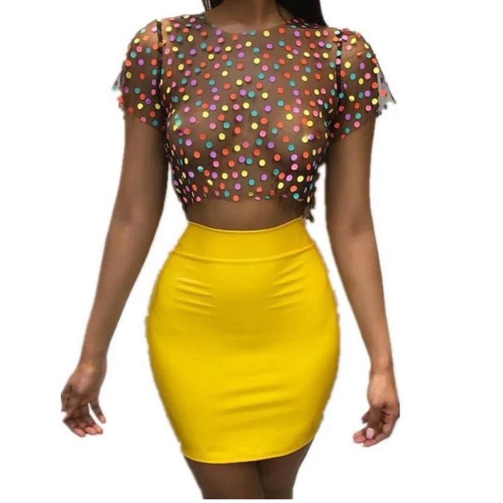 Polka dot top with Yellow pencil skirt